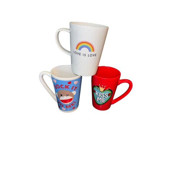 Set Of 3 Colorful Ceramic Mugs: Love Is Love Sock It To Me Kiss Me - Picture 1 of 15